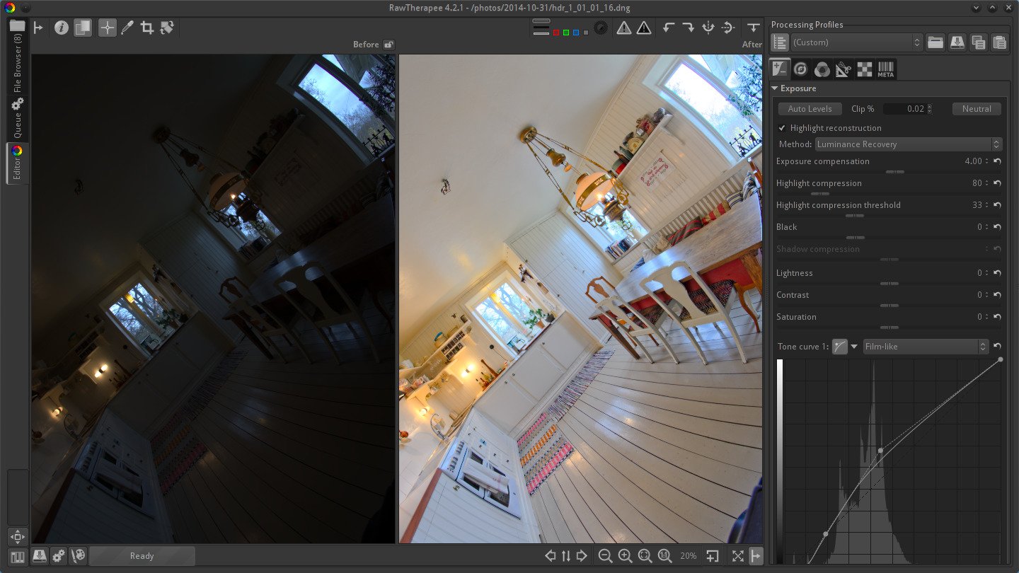 A Before|After view of a fisheye high dynamic range raw DNG image produced using HDRMerge is processed to restore the warm, natural light of this vintage style kitchen.
