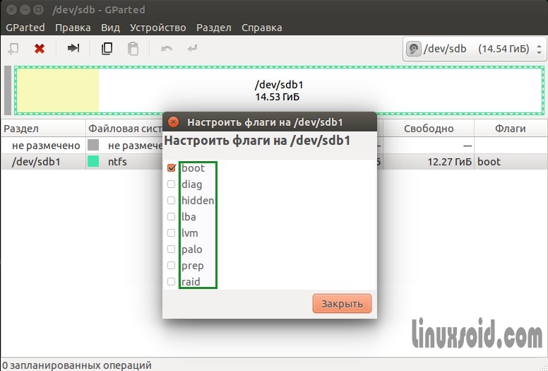 Работаем с флагами в GParted Ubuntu linux