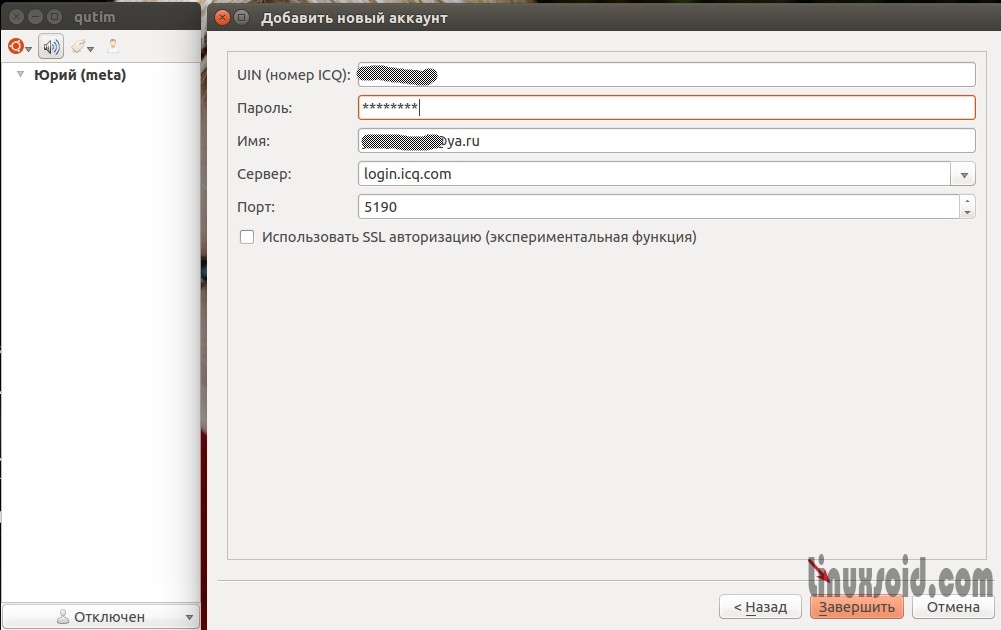 Вводим данные для авторизации в ICQ в Ubuntu Linux